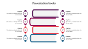 Illustration of stacked books in gradient colors with caption bubbles numbered one to eight on both sides.