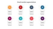 Market segmentation slide with icons inside colored circular badges and gray text boxes beneath each caption.