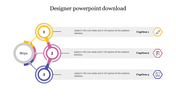 Three interconnected circular designs in yellow, pink, and blue with stepwise captions and icons.