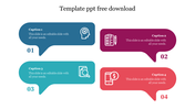 PowerPoint template with colorful speech bubble icons for categories such as brain, checklist, magnifying glass, and phone.