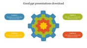 Good with five interlocked colorful gears at center and four rounded caption boxes placed symmetrically on both sides.