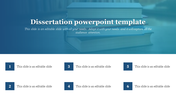 Dissertation PowerPoint slide with six numbered sections and a background of stacked books.