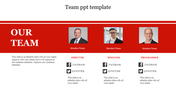 Our team profile slide featuring three professionals, their roles, and social media details in a red and white layout.