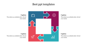 Infographic with four arrows forming a square, each section in red, blue, teal, and orange, with icons inside.