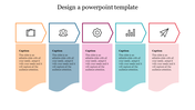 Infographic slide with five pentagonal icons on top and curved text boxes below in orange, blue, pink, green, and red shades.