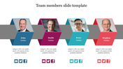Slide featuring four team members' profiles in colored hexagons with social media icons with placeholder text.
