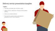 Illustration of two delivery worker in red uniform holding a brown box, with text on the left side on a white background.