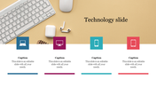 Technology PowerPoint slide with a flat lay of a keyboard, mouse, and earbuds, featuring four sections for text with icons.