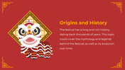 Red background with yellow corners, lion dance figure in front of a gold square frame, and white text on right.