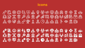 Red background with title on top, two rows of white outlined icons above, and matching filled below.