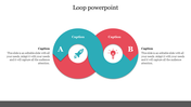 Loop PowerPoint template with two overlapping circles labeled A and B, each containing an icon for innovation and creativity.