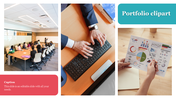 Business portfolio layout featuring team collaboration, keyboard work, and data visuals, framed by colored caption boxes.