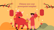 Chinese new year slide with a red ox, traditional lanterns, and a child in festive attire on a warm yellow background.