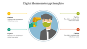 Digital thermometer PPT template showing a person with a mask and the thermometer aimed at their forehead with captions.
