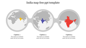 Three circular frames with India highlighted in yellow, blue, and red on grey toned maps.