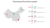 China map with four colored location markers linked to a vertical timeline from 2018 to 2021, each with a caption areas.