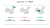 China map infographic with three highlighted regions in blue, orange, and green, in separate boxes, displaying data.