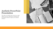 Slide featuring a monochrome workspace image, with yellow geometric elements, and structured text on the left.