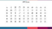 Grid of black outline icons evenly spaced on a white background, with a colorful border of blue, red, and purple.