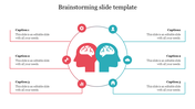 Brainstorming slide with two human head icons in red and blue, surrounded by circular icons and six caption areas.