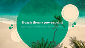 Beach background with large green transparent circle overlay, palm trees, ocean waves, and circular design elements.