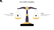 Law themed PowerPoint slide with a scale symbolizing balance between law and data, with icons and captions.