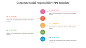 Corporate social responsibility PowerPoint template with colorful icons and caption text.