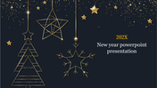 New Year slide with golden geometric tree, star, and snowflake ornaments on a dark background with scattered glowing stars. 