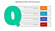 Alphabetical Microsoft PowerPoint slide featuring large letter Q with four captions aligned horizontally.
