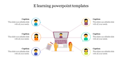 E-learning slide with a central laptop graphic connected to six circular student avatars, each with editable caption areas.