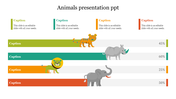 PowerPoint slide with animals and progress bars showing data for tiger, lion, elephant, and rhino on a white backdrop.
