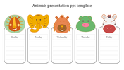 Children's weekly chart featuring animal illustrations above labeled weekday columns with blank lines for writing tasks.