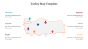 Turkey map with six cities marked by airplane icons, including Istanbul and Antalya, with caption areas.