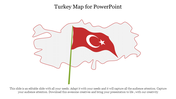 Turkey map with a red flag featuring the crescent and star, placed within the country's outline.