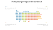 Colorful Turkey map made of gradient dots, divided into four zones with text boxes in each corner for custom region details.