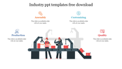 Industrial-themed  template with an assembly line illustration and four sections each with an icon and placeholder text.