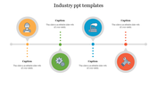 Industrial process infographic with colored circles on a timeline showing icons for labor, machinery, production, and tools.