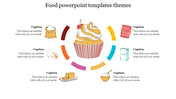 Food infographic with a central cupcake illustration surrounded by six colorful ingredient icons and curved segments.