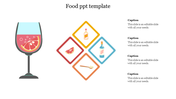 Minimal food slide layout showing beverage glass and ingredient icons in diamonds, with captions arranged on the right.