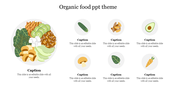 Organic food themed slide displaying a plate of mixed vegetables in the center and various food icons around it.