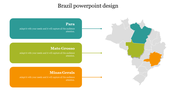 Three regions on a gray Brazil map highlighted in teal, green, and orange, each linked to labeled description boxes.