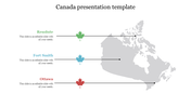 Canada map with pinpoint lines connecting Resolute, Fort Smith, and Ottawa to colored maple leaf icons and side captions.