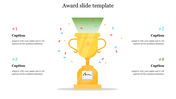 Award slide featuring a gold trophy in the center with numbered captions on either side for adding custom text.