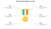 PowerPoint slide showcasing design awards with a gold medal and colorful ribbon, accompanied by caption placeholders.