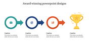Sequence of teal, blue, and orange circles with icons, leading to a yellow trophy icon symbolizing success.