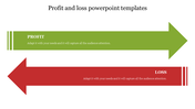 Two large arrows, green pointing right for profit and red pointing left for loss, with text placeholder inside.