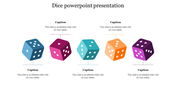 Dice PowerPoint presentation template showcasing five colorful dice with captions underneath for content.