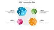 Infographic slide showing five colorful dice around a central gray circle, with editable text boxes positioned on each side.