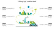 Ecology slide featuring an eco friendly landscape with wind turbines, solar panels, and a green car along with caption areas.
