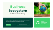 Business ecosystem slides with green theme, charts, icons, shapes, visuals, and clean text holders.